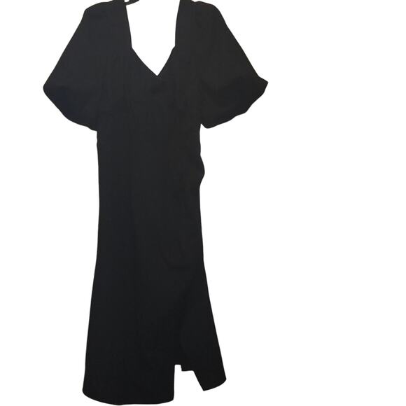 Pretty Little Thing Midi Dress Women's 26 Black Puff Sleeve with Ruching - Picture 1 of 4